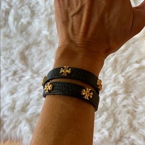 Tory Burch Black Double Wrap Leather Bracelet